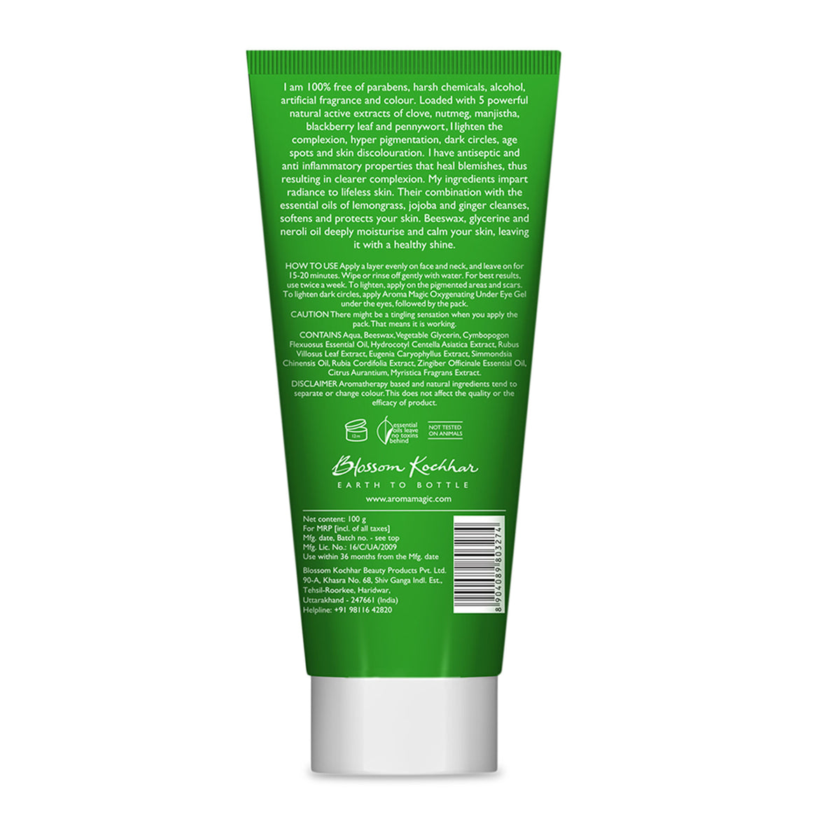 Aroma Magic Anti Pigmentation Glossy Pack applied on skin to reduce blemishes and dark circles, with a smooth, glowing complexion.