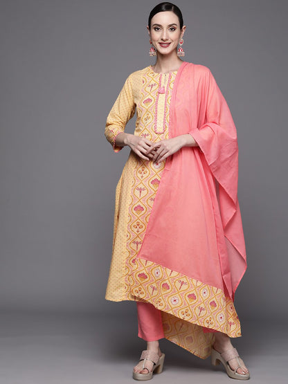 Dhiyona IE Women Yellow Ethnic Motifs Printed Kurta with Trousers & With Dupatta