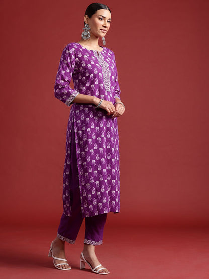 Indyancart IE Floral Printed Mirror Work Pure Cotton Kurta With Trousers & Dupatta