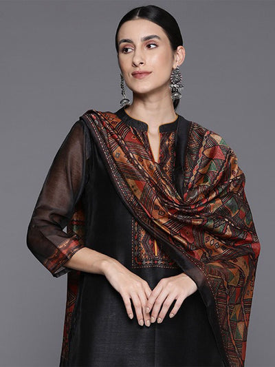 Indyancart VA Women's Printed Regular Chanderi Silk Kurta with Trousers & Dupatta