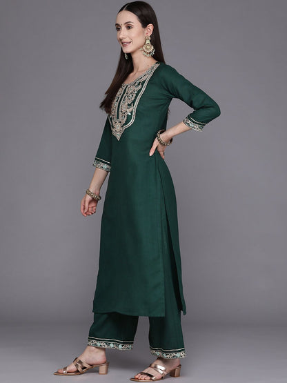 Indyancart IE Women Green Ethnic Motifs Embroidered Yoke Design Kurta with Palazzos & Dupatta