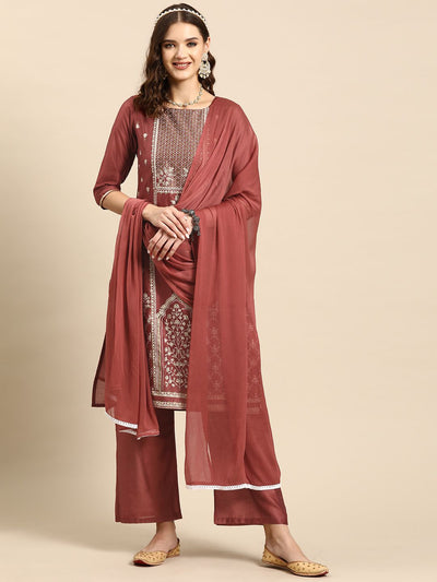 Indyancart SN Women's Ethnic Motifs Printed Sequinned Chanderi Cotton Kurta with Palazzos & Dupatta