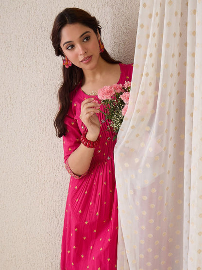 Indyancart IE Floral Printed Pure Cotton Round Neck A-Line Tunic With Trousers Co-Ords
