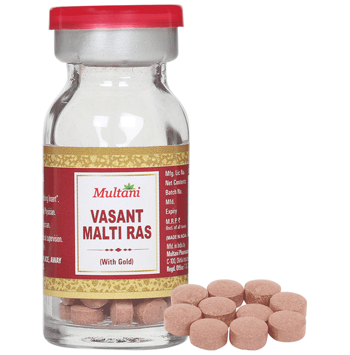 Multani Vasant Malati Ras Ayurvedic tablets with gold tablet, traditional herbal supplement for wellness and balance.
