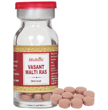 Multani Vasant Malati Ras Ayurvedic tablets with gold tablet, traditional herbal supplement for wellness and balance.