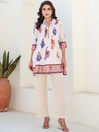 Indyancart IE Printed Pure Cotton Mandarin Collar Neck A-Line Tunic With Trousers Co-Ords