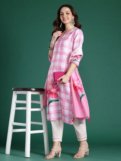 Indyancart IE Floral Printed Beads and Stones Linen Kurta with Trousers & With Dupatta