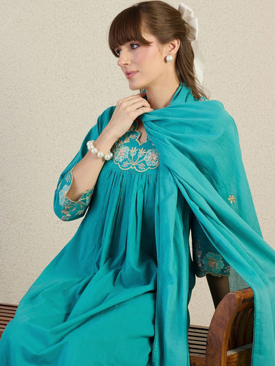 Indyancart IE Women Embroidered Beads & Stones Pure Cotton Kurta with Trousers & Dupatta