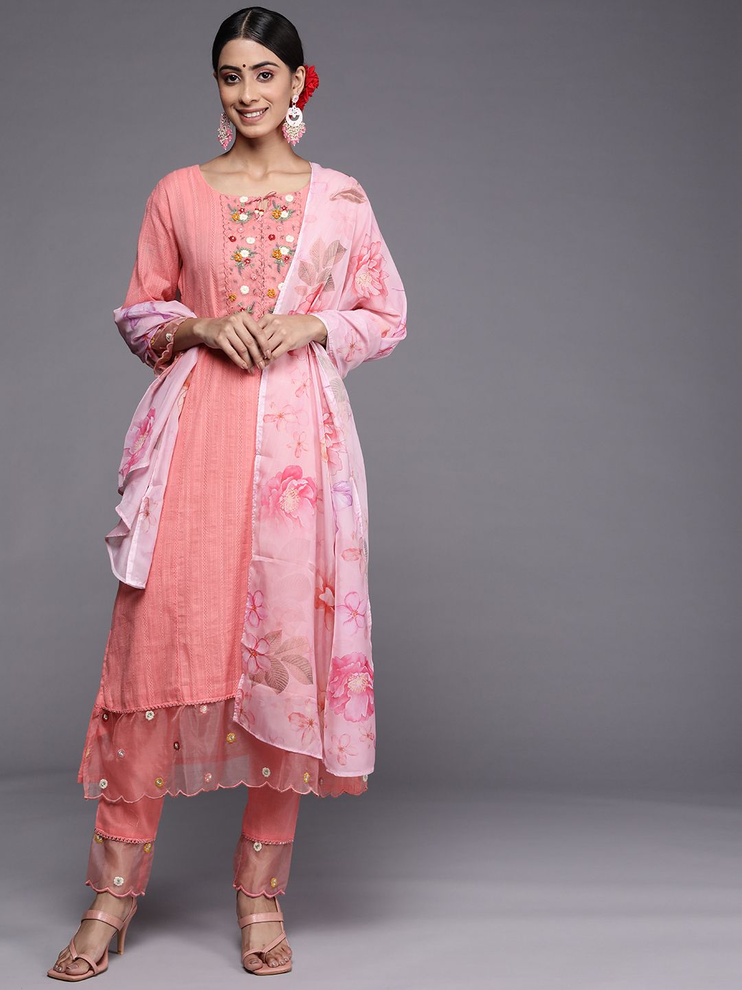Indyancart IE Women Pink Floral Yoke Design Thread Work Kurta with Trousers & With Dupatta