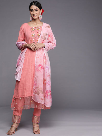 Indyancart IE Women Pink Floral Yoke Design Thread Work Kurta with Trousers & With Dupatta