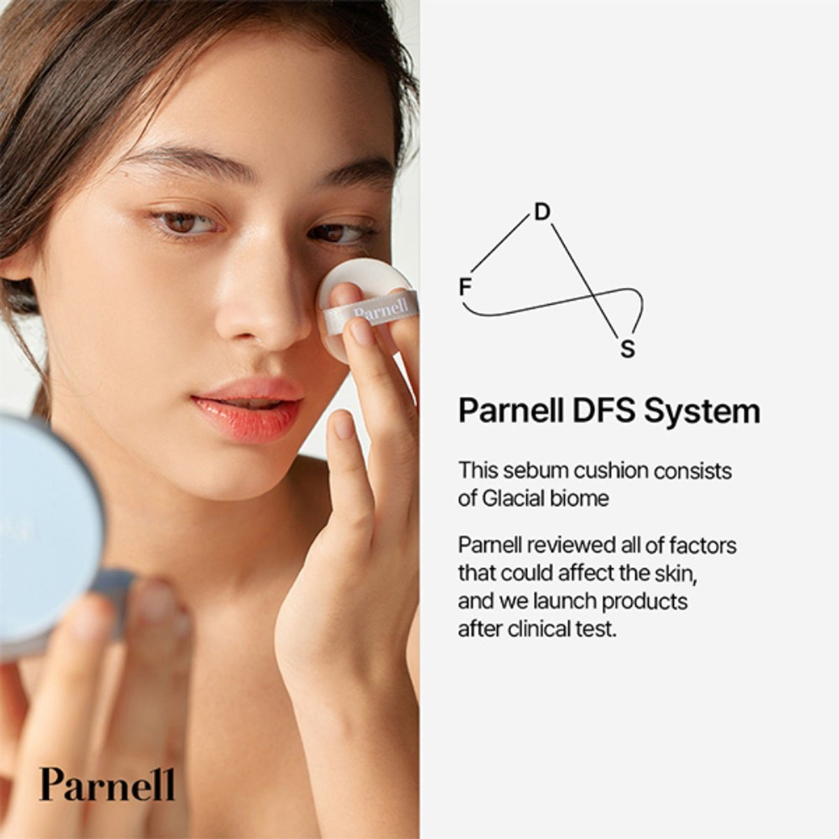 Parnell Glacial Biome Water No-Sebum Cushion with oil-control matte finish, compact with a mirror and applicator.
