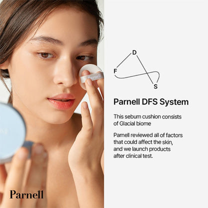 Parnell Glacial Biome Water No-Sebum Cushion with oil-control matte finish, compact with a mirror and applicator.
