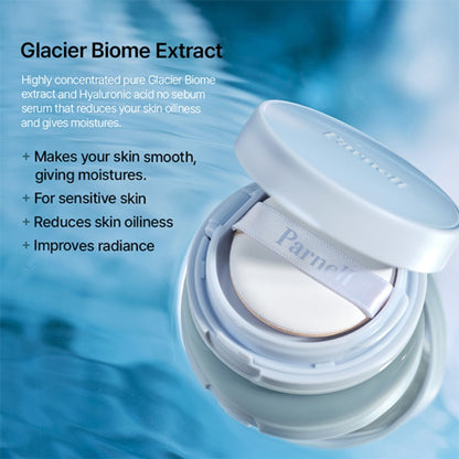 Parnell Parnell Glacial Biome Water No-Sebum Cushion with oil-control matte finish, compact with pressed powder and cushion applicator.
