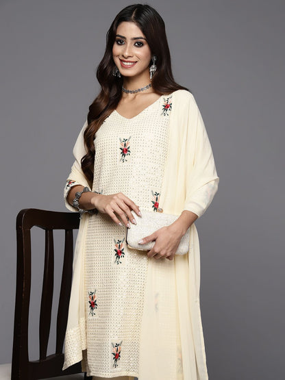Indyancart IE Women Floral Embroidered Regular Sequinned Kurta with Sharara & With Dupatta