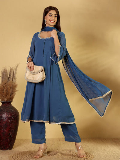 Indyancart VA Women's Panelled Thread Work Anarkali Kurta with Palazzos & Fringed Dupatta