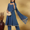 Dhiyona VA Women's Panelled Thread Work Anarkali Kurta with Palazzos & Fringed Dupatta