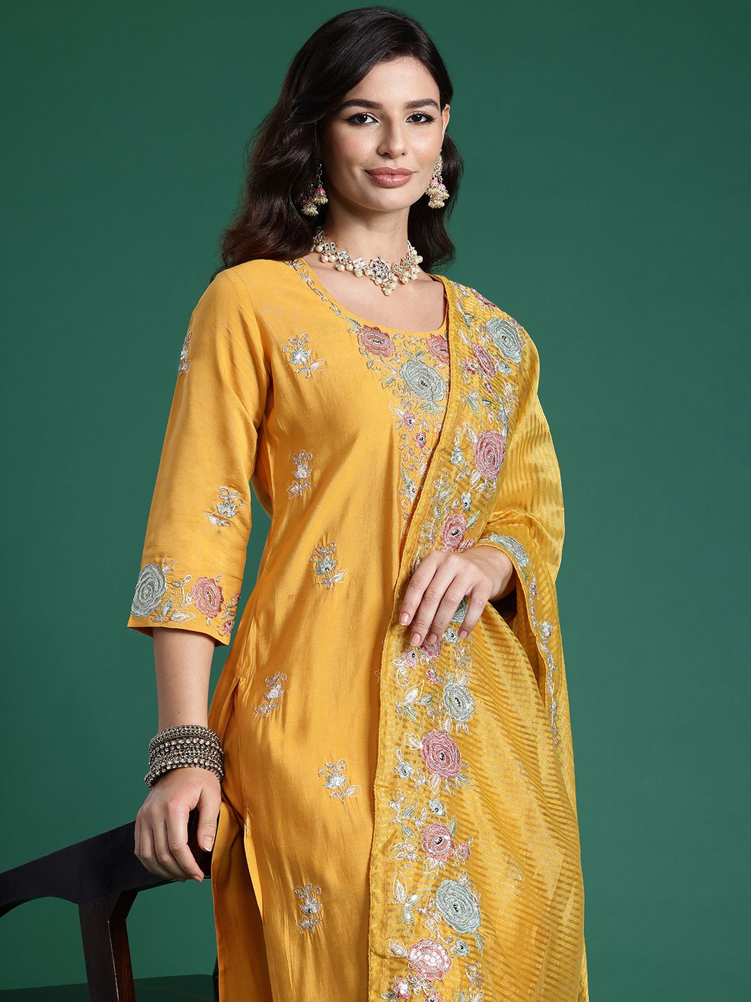 Indyancart IE Floral Embroidered Sequinned Kurta With Trousers & Dupatta