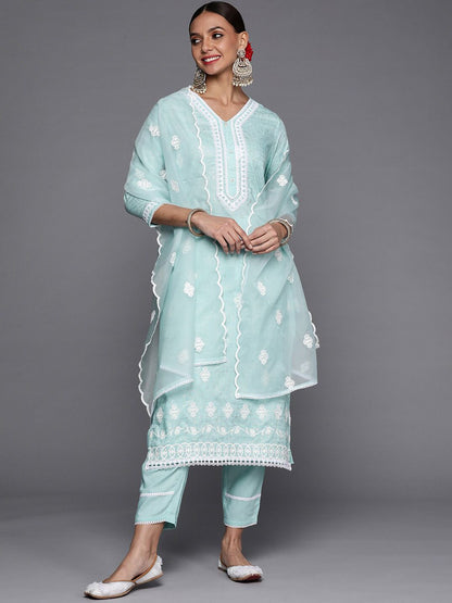 Indyancart IE Women Ethnic Motifs Embroidered Thread Work Kurta With Trousers & Dupatta