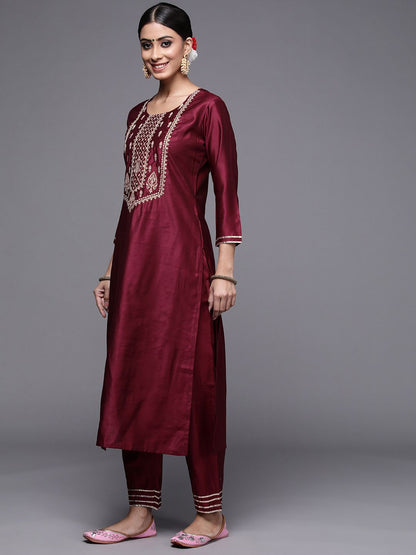Dhiyona IE Women Maroon Ethnic Motifs Yoke Design Kurta with Trousers & With Dupatta