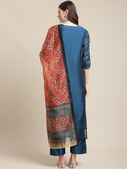 Indyancart VA Women's Blue Floral Embroidered Chanderi Silk Kurta with Trousers & Dupatta