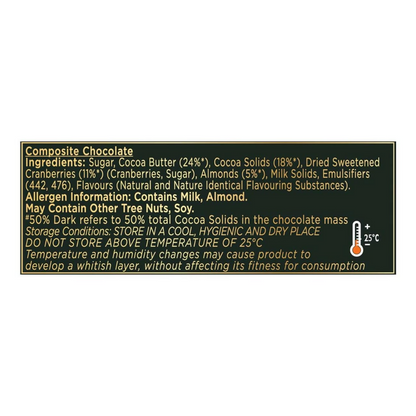 Cadbury Bournville Cranberry dark chocolate bar with visible cranberry pieces and smooth dark chocolate surface.