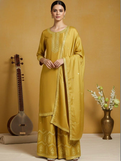Dhiyona VA Women Ethnic Motifs Embroidered Regular Thread Work Silk Crepe Kurta with Palazzos & With Dupatta