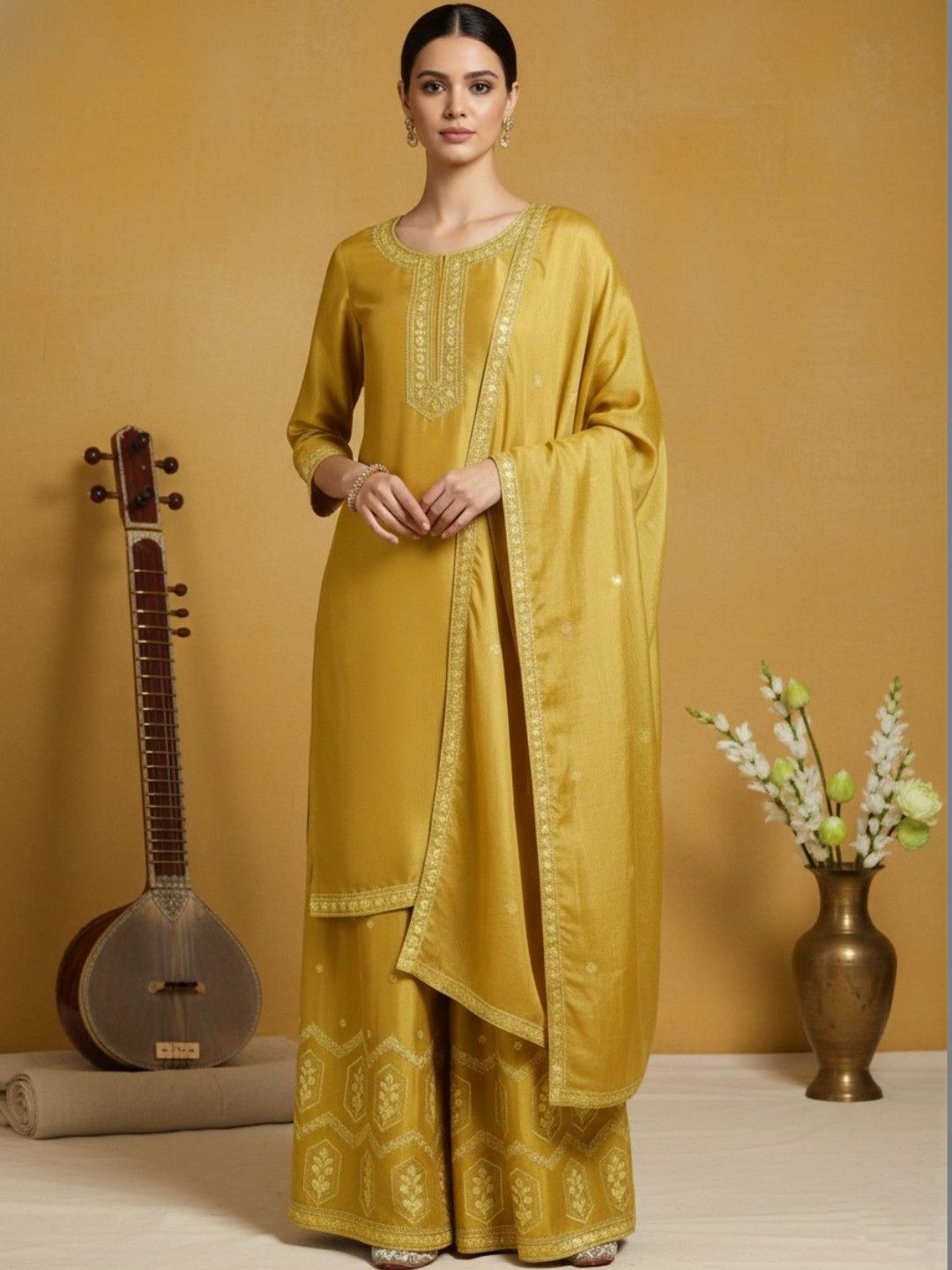 Indyancart VA Women Ethnic Motifs Embroidered Regular Thread Work Silk Crepe Kurta with Palazzos & With Dupatta