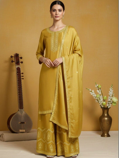 Indyancart VA Women Ethnic Motifs Embroidered Regular Thread Work Silk Crepe Kurta with Palazzos & With Dupatta