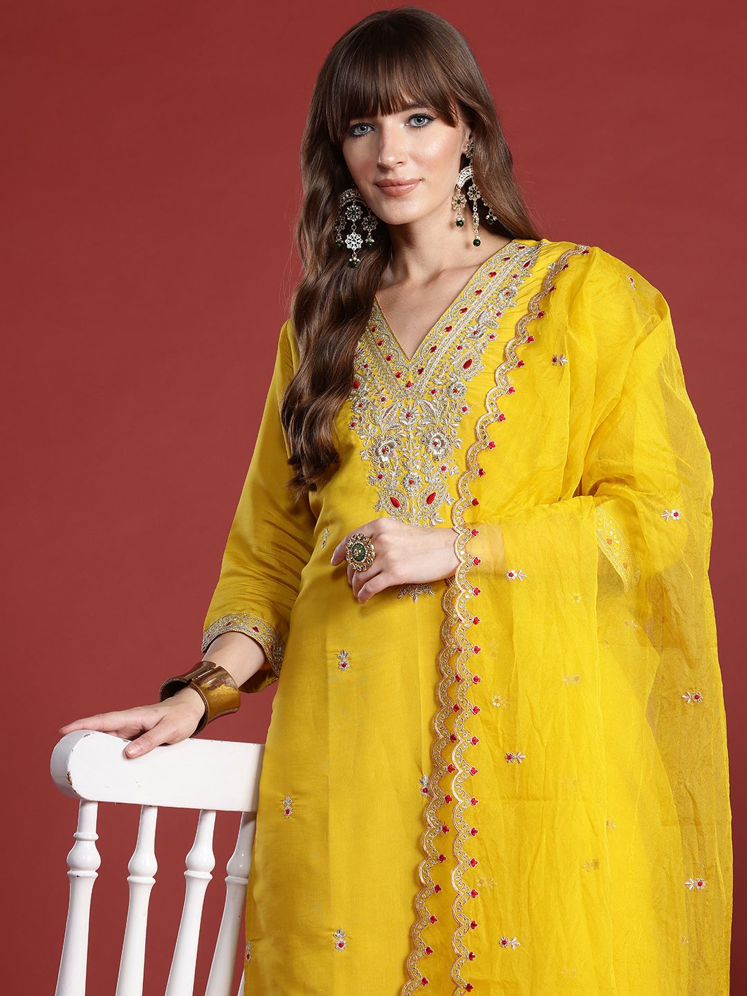 Indyancart IE Ethnic Motifs Embroidered Sequinned Kurta with Trousers & With Dupatta