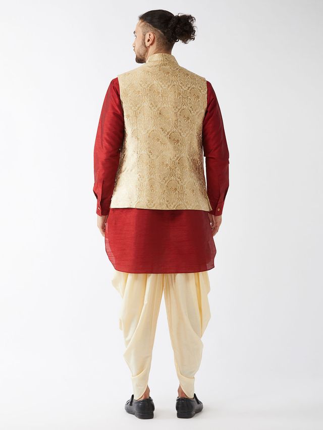 Men's Maroon Silk Blend Straight Jacket  Kurta and Dhoti Set