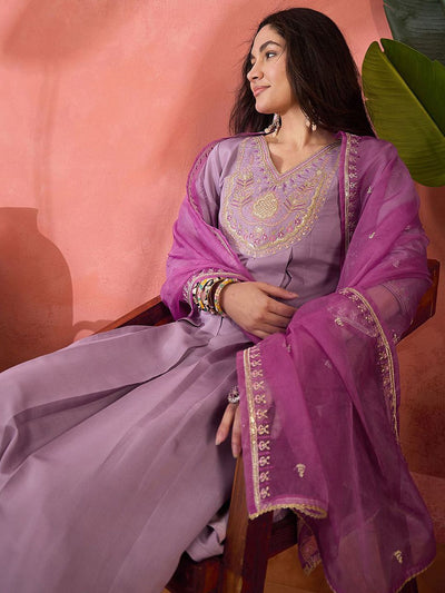 Indyancart SN Women's Embroidered Zari Sequence Kurta With Trousers & Dupatta