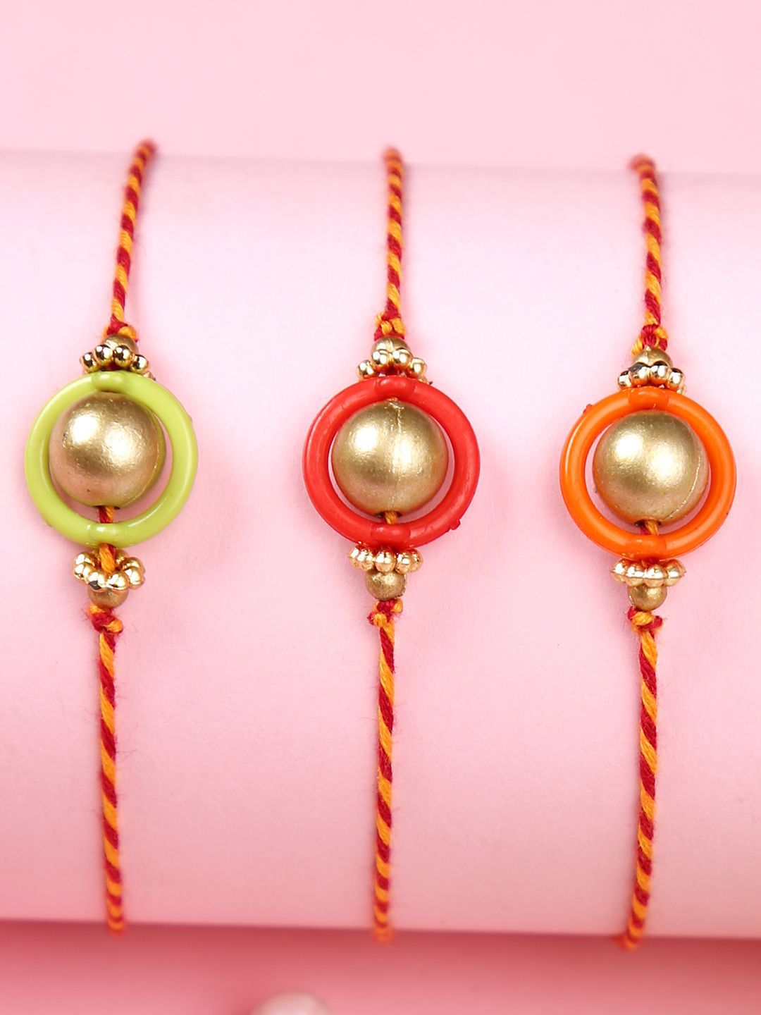 Anouk Gold Toned Set Of 3 Beaded Thread Rakhis With Roli Chawal & Greeting Card