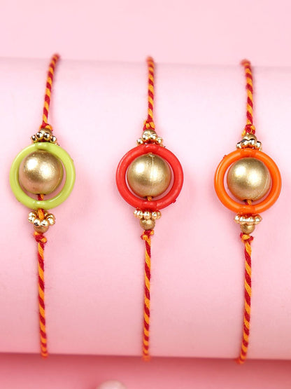 Anouk Gold Toned Set Of 3 Beaded Thread Rakhis With Roli Chawal & Greeting Card