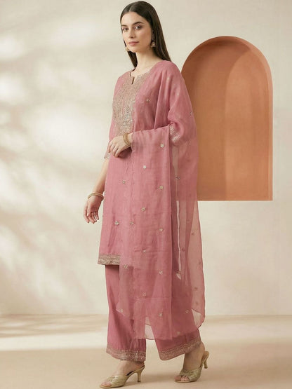 Indyancart IE Women Ethnic Motifs Embroidered Regular Thread Work Kurta with Palazzos & With Dupatta