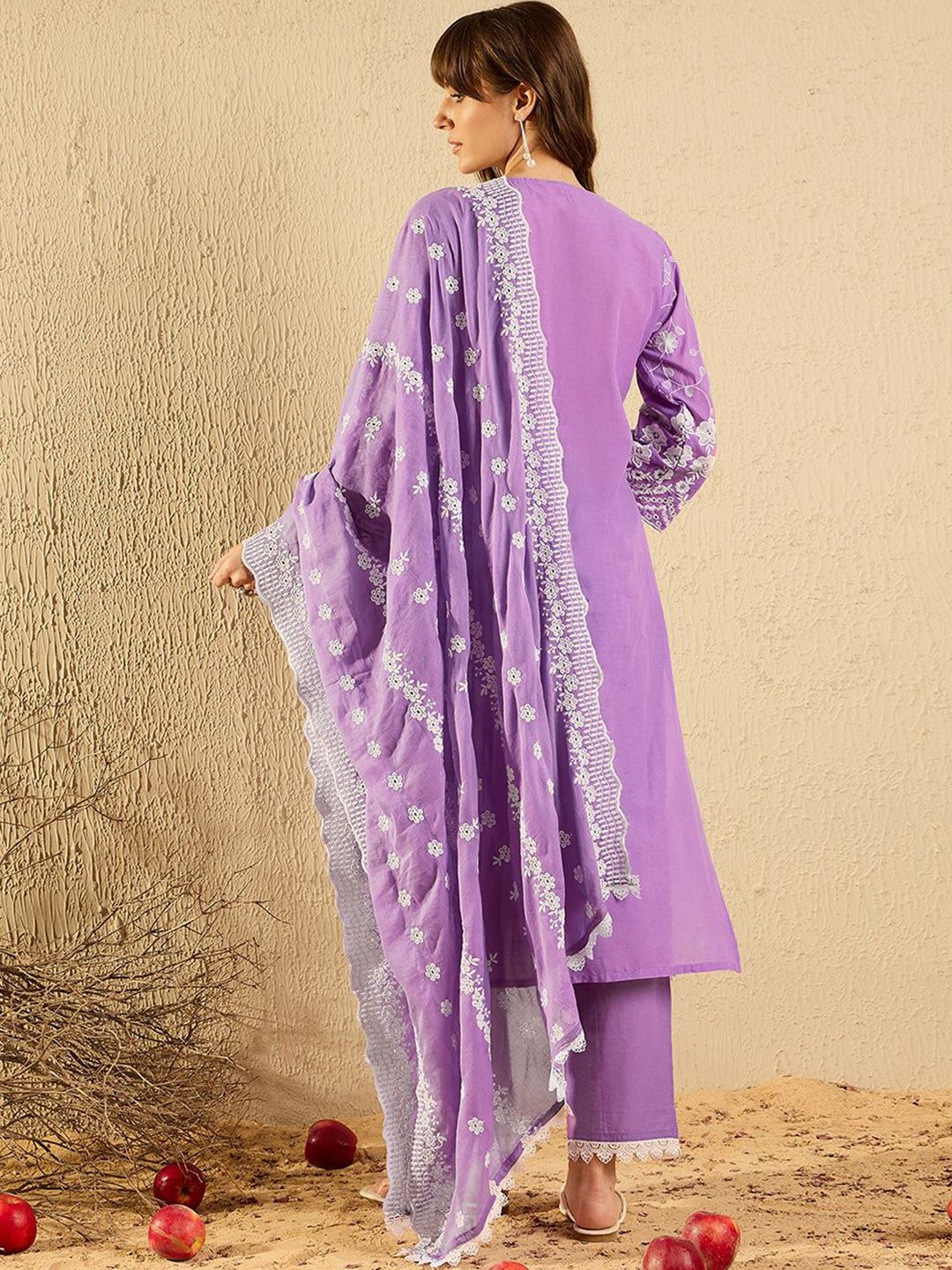 Indyancart IE Women Ethnic Motifs Embroidered Regular Thread Work Pure Cotton Kurta with Trousers & With Dupatta