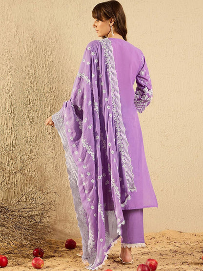 Indyancart IE Women Ethnic Motifs Embroidered Regular Thread Work Pure Cotton Kurta with Trousers & With Dupatta