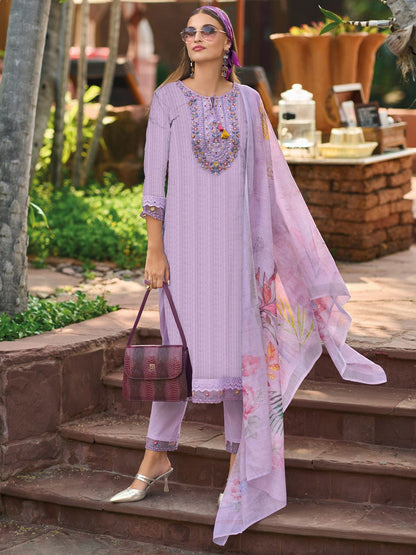 Indyancart IE Lavender Floral Embroidered Tie Up Neck Pure Cotton Kurta with Trousers & Dupatta