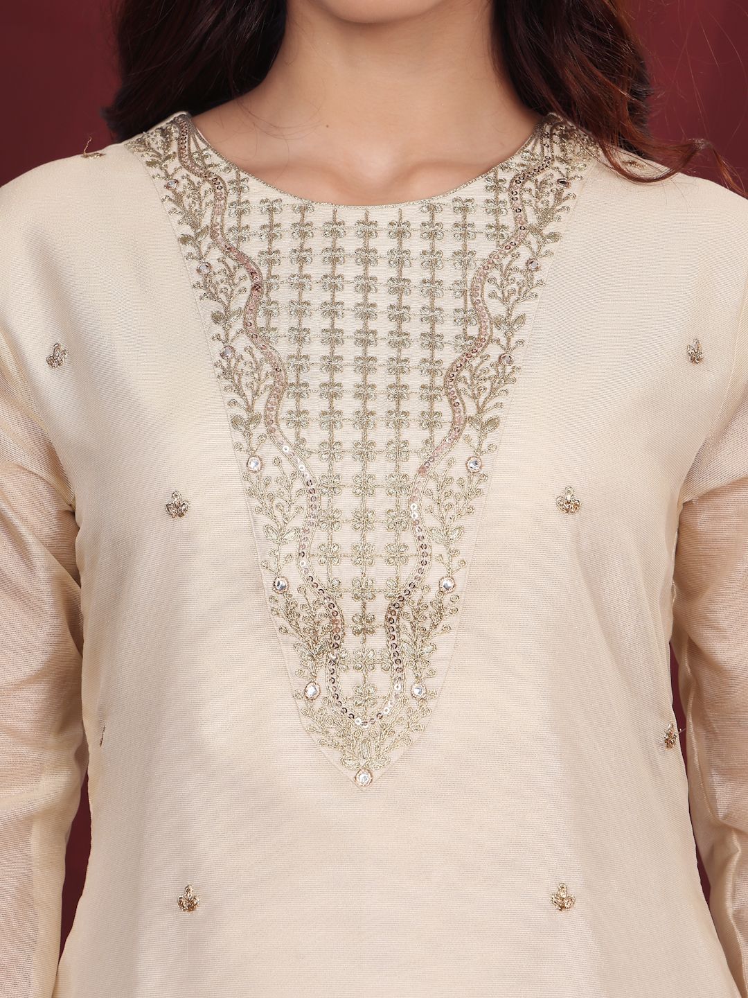 Indyancart VA Cream-Coloured Floral Embroidered Sequined Kurta With Palazzos & Dupatta