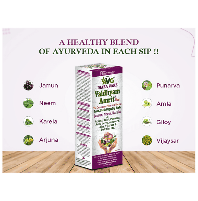 Bottle of AVG Diaba Care Vaidhyam Amrit Plus Ayurvedic syrup, with herbal ingredients visible in the transparent packaging.