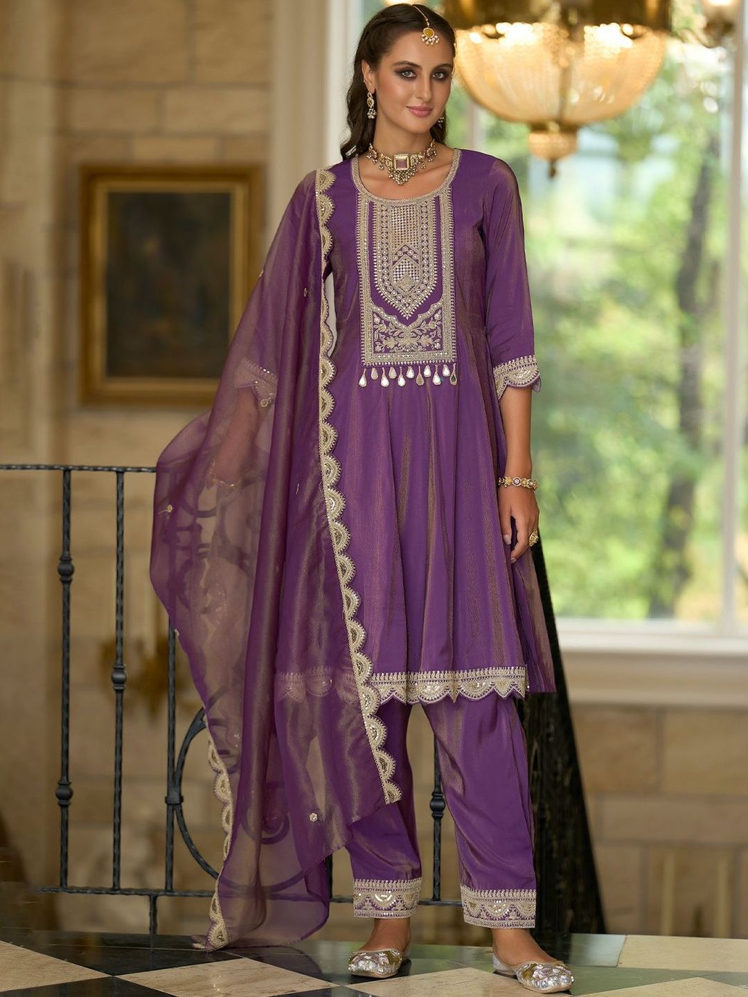 Women Ethnic Motifs Embroidered A-Line Kurta with Palazzos & Dupatta