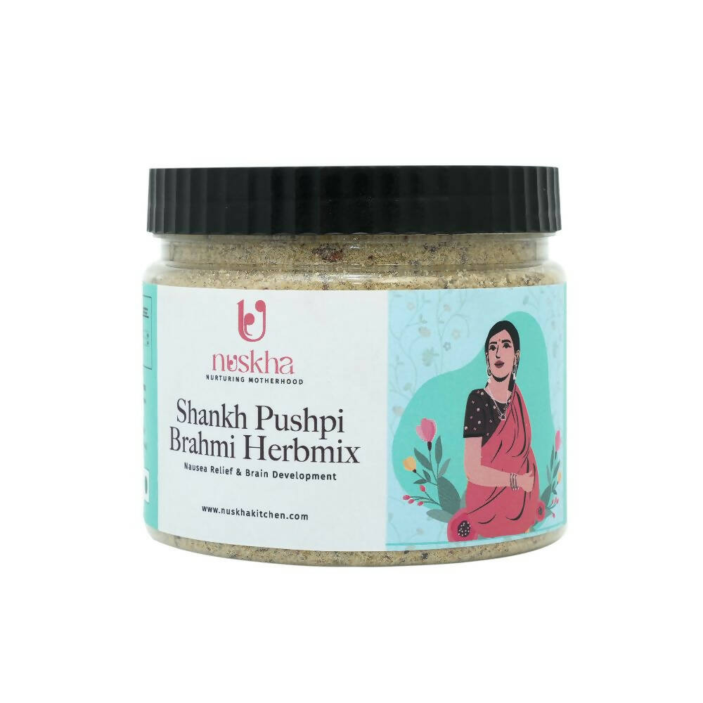 Nuskha ShankhPushpi Brahmi herbal health drink featuring natural herbs in a glass, promoting relaxation and mental clarity.