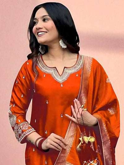 Indyancart SN Women's Embroidered Straight Kurta Pyjama & Dupatta