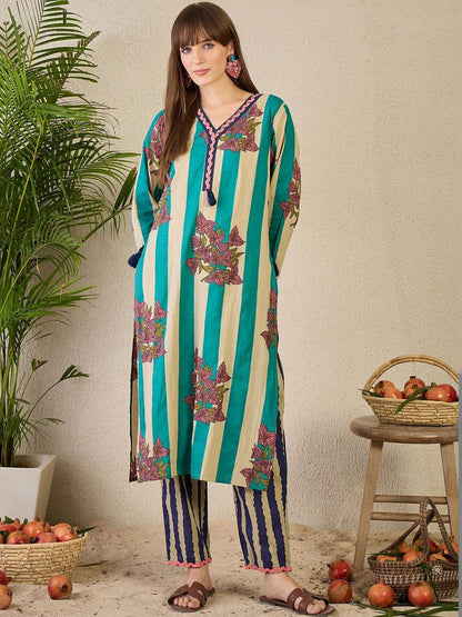 Women Floral Printed Regular Thread Work Pure Cotton Kurta with Trousers & With Dupatta