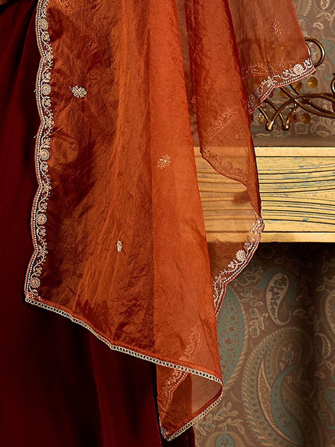 Indyancart IE Ethnic Motifs Embroidered Thread Work Velvet Kurta with Trouser & Dupatta