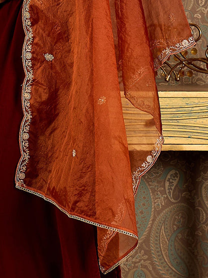 Indyancart IE Ethnic Motifs Embroidered Thread Work Velvet Kurta with Trouser & Dupatta