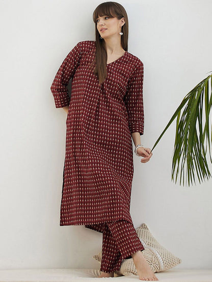 Indyancart IE Printed Pure Cotton V-Neck Top With Trousers Co-Ords
