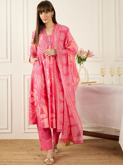 Floral Printed V-Neck Pleated Pure Cotton A-Line Kurta With Trousers & Dupatta