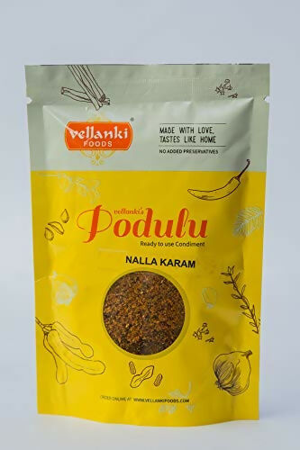 Vellanki Foods chutney powders 4-pack including Nalla Karam, Idli Karam, Kobbari Karam, and Palli Karam in 250g packs.