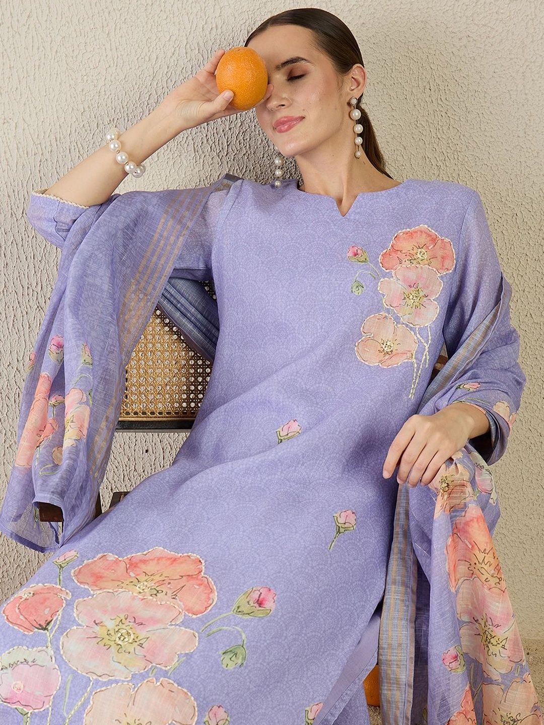 Women Floral Printed Linen Kurta with Trousers & Dupatta