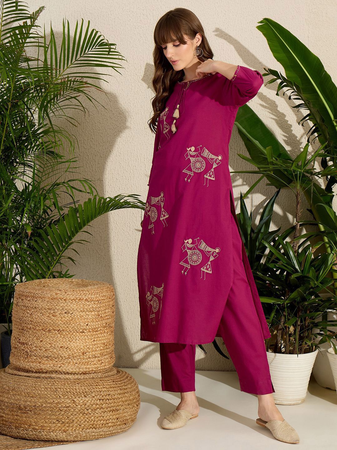 Indyancart IE Embroidered Round Neck Straight Pure Cotton Kurta & Trousers